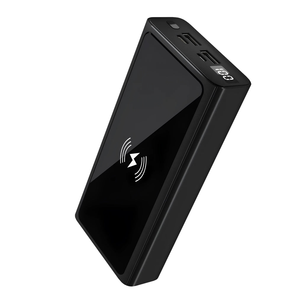 Black and blue square aluminium alloy wireless power bank with a capacity of 10000mAh