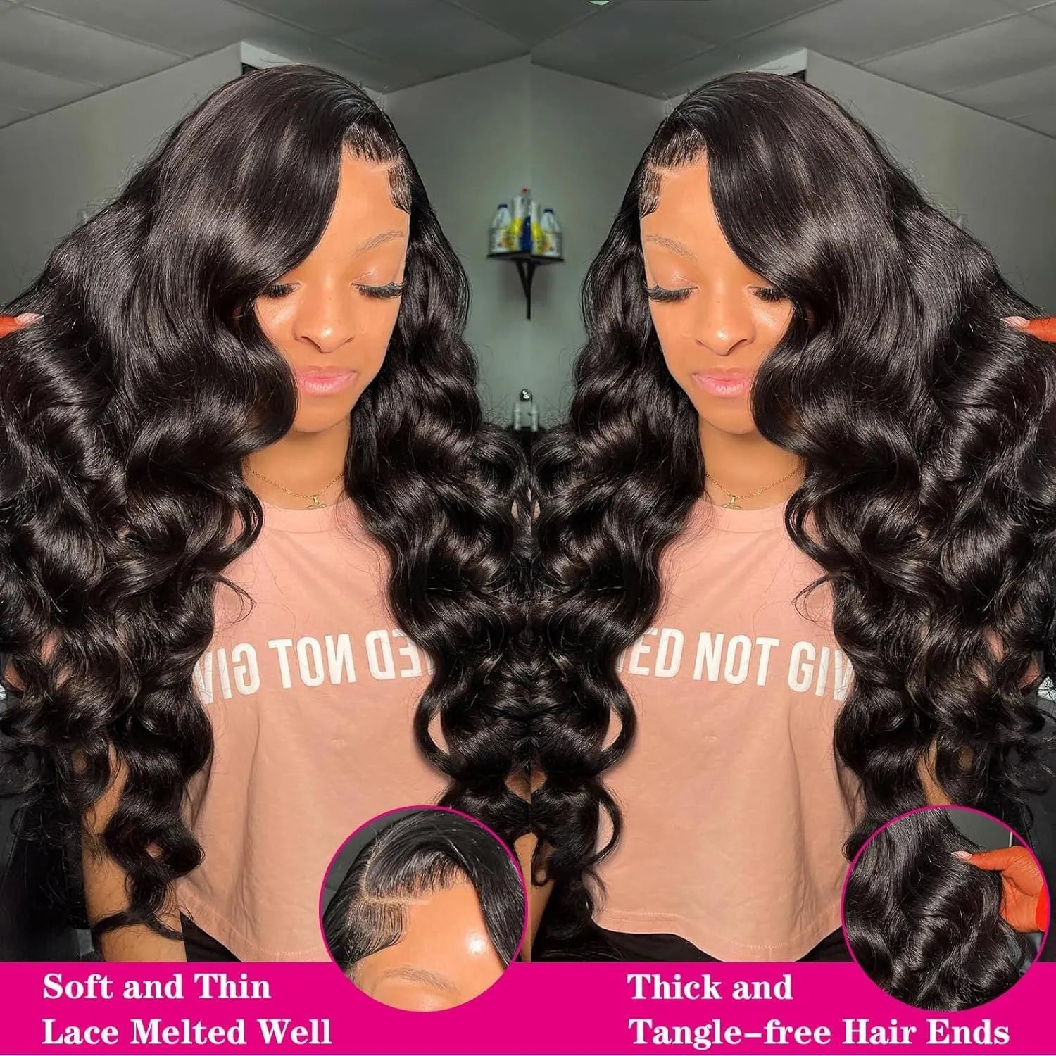 Black synthetic full-head wig with medium-large waves, shown at 22 inches length on a mannequin head.