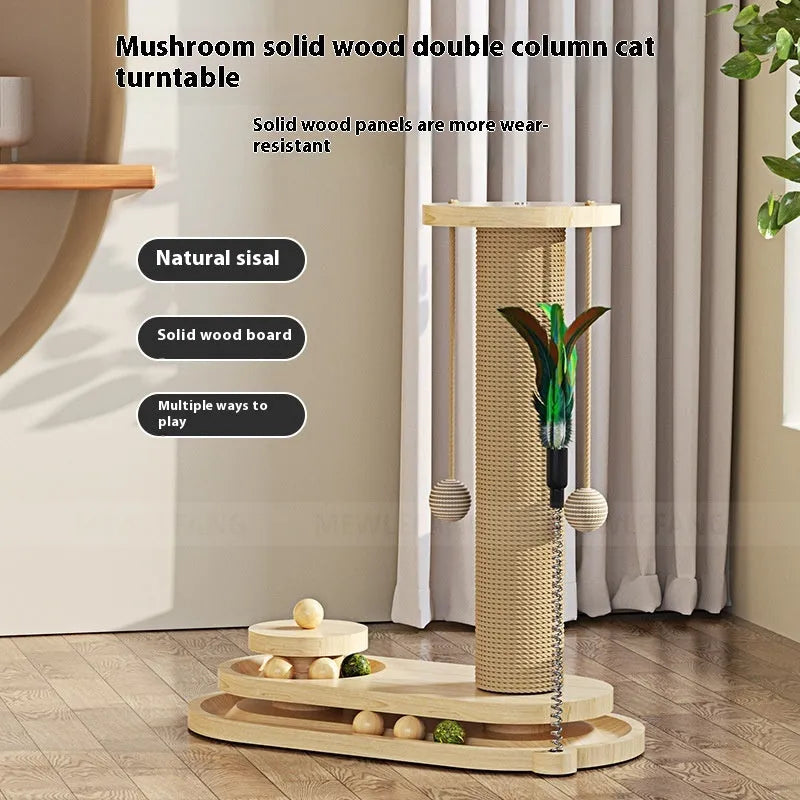 Solid wood cat turntable scratching post with elliptical spinning platform and climbing frame