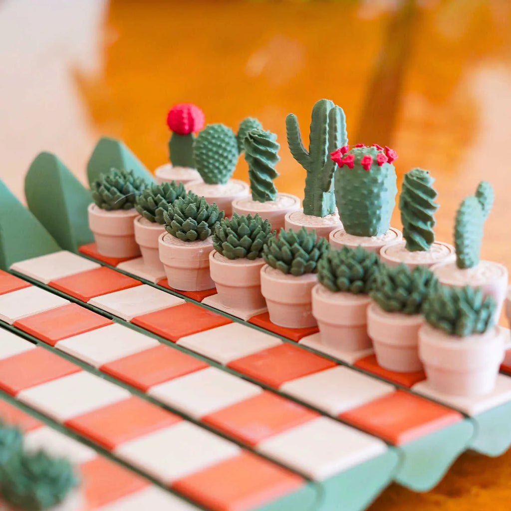 Full magnetic cactus succulent theme chess set with 24 3D printed PLA pieces on a board