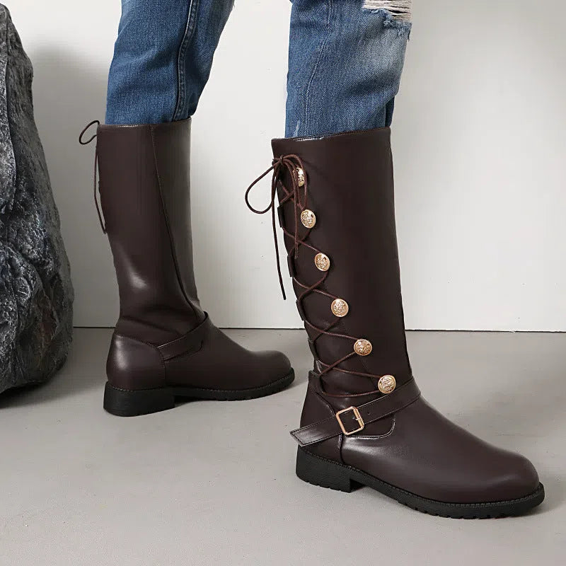 Women's high-top synthetic leather boots with chunky heel, side zipper, and round toe in black colour