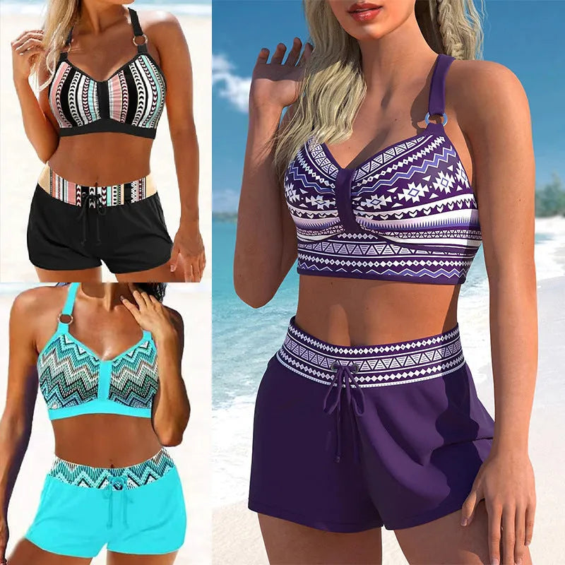 Women's printed two-piece polyester bikini swimsuit on a white background.