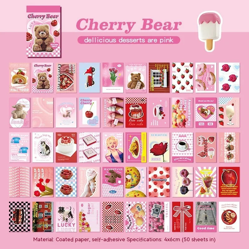American retro cartoon style sticker book open to show 4x6cm sheets in one of six colour options.