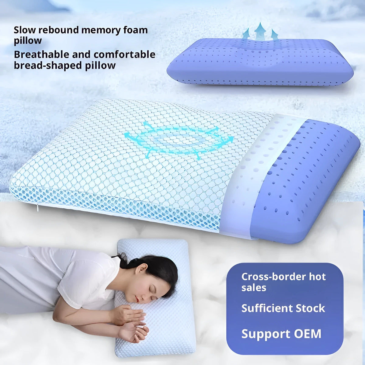 Cervical memory foam pillow 63x36x13.5cm with air layer cover in blue, white and blue, or white and grey