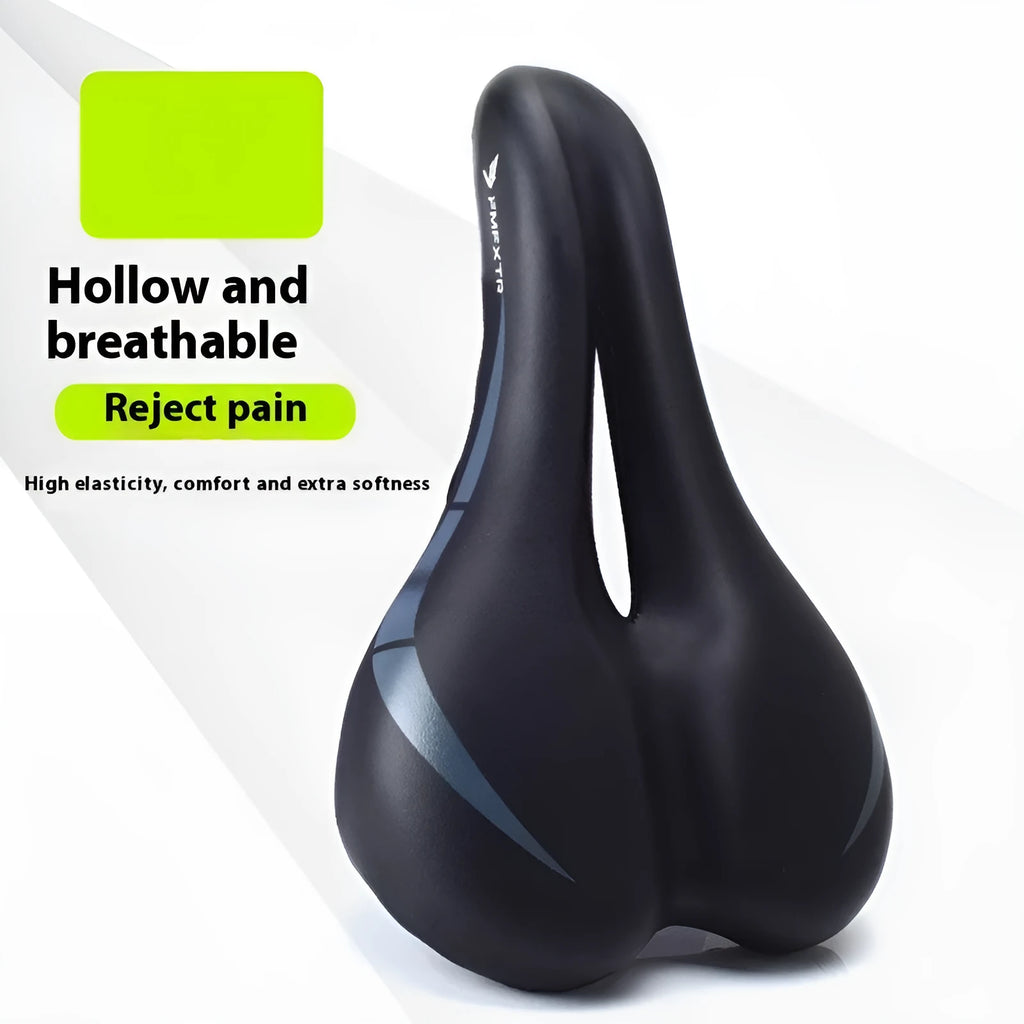 Bike saddle cushion with hollow pattern in PU leather, shown attached to a bicycle seat post.
