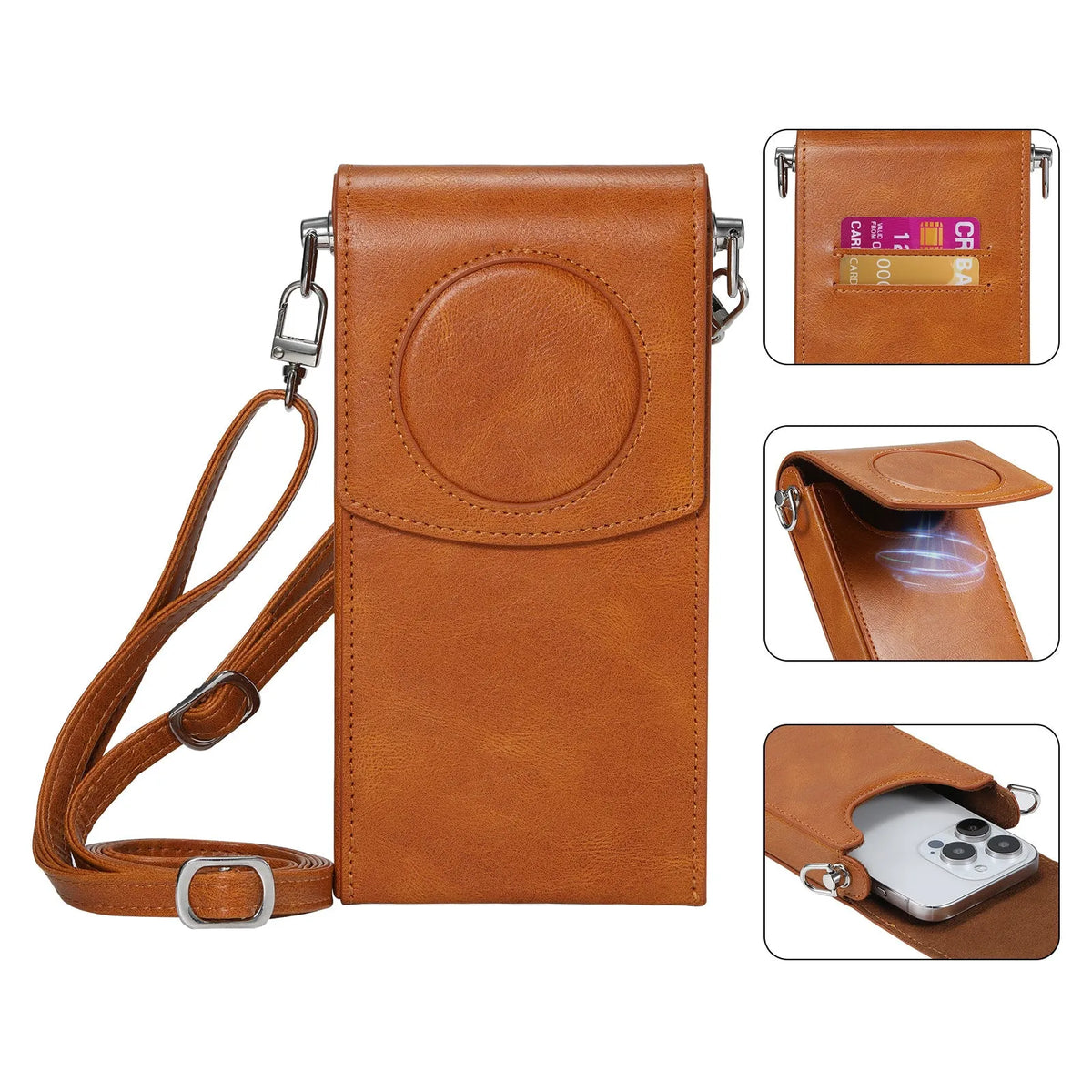 Brown leather storage bag for Apple Vision Pro power supply, portable satchel protective sleeve
