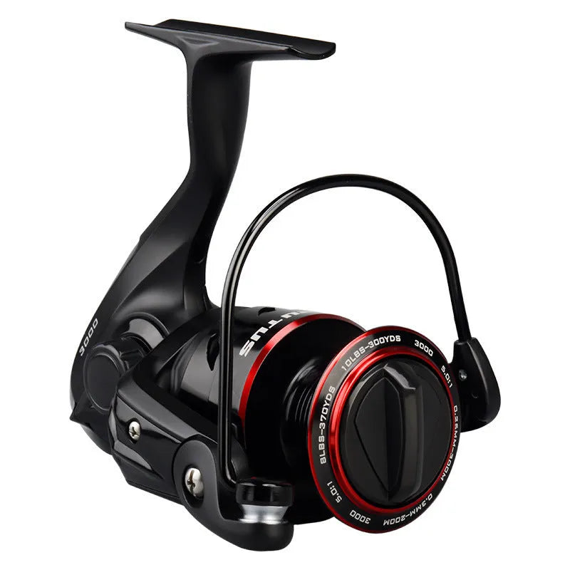 All-metal spinning fishing reel shown in four series sizes with telescopic fishing rod