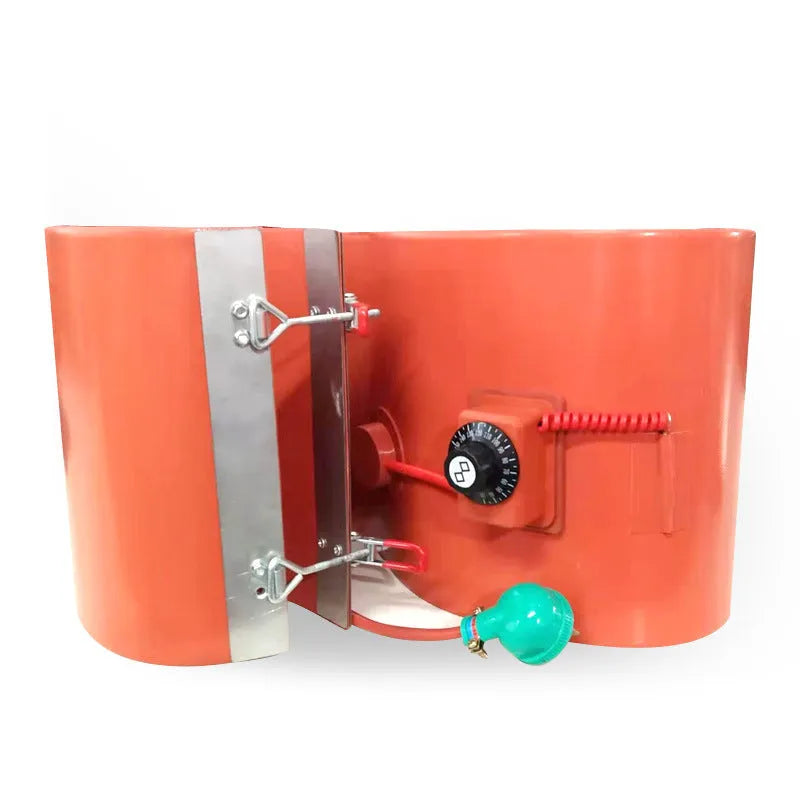 Silicone rubber heating belt wrapped around a 200-litre oil drum with digital display control.