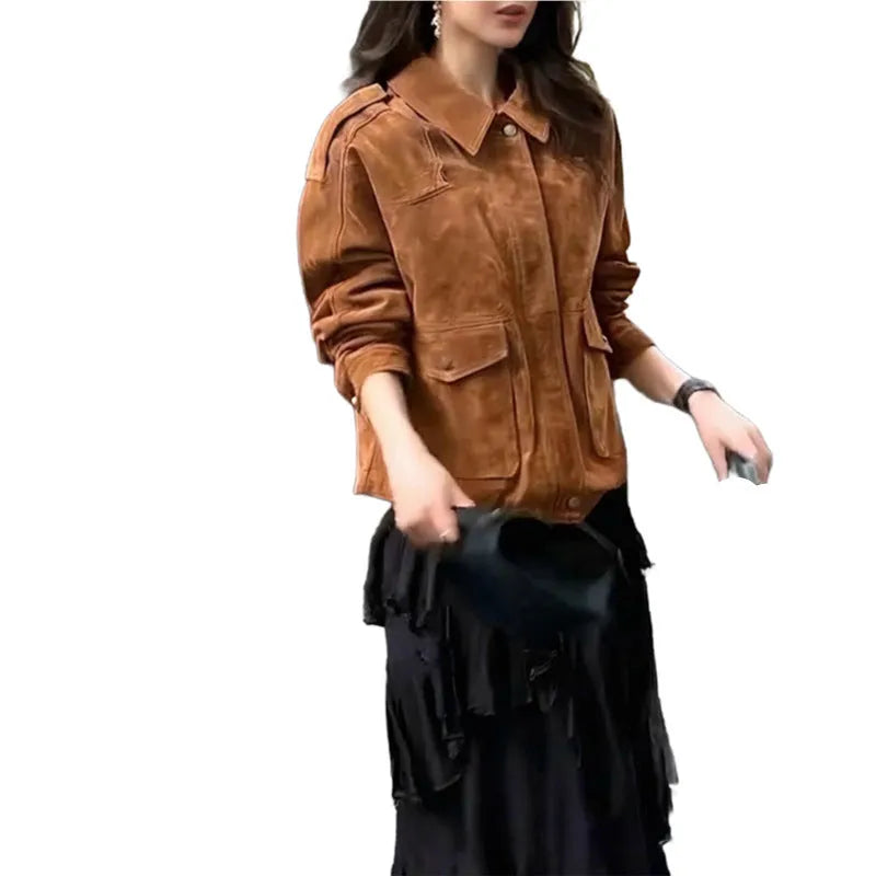 Women's brown suede-effect street chic coat with regular sleeves on a hanger