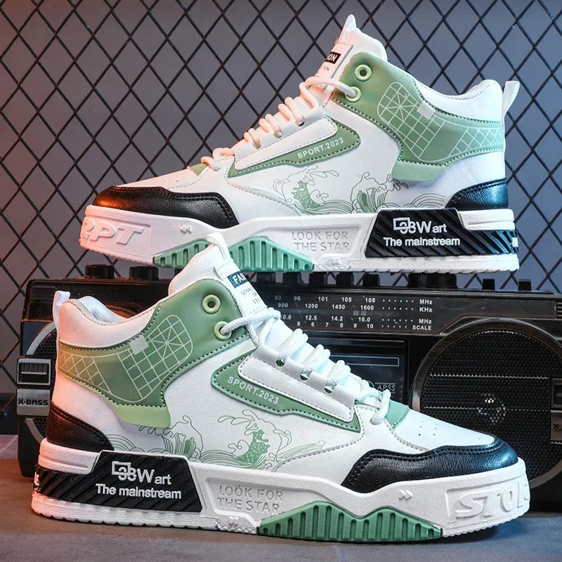 Men's beige and white high-top board shoes with mesh lining and rubber soles
