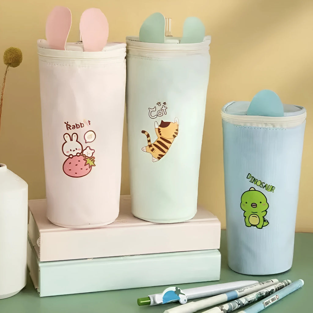 Round canvas pencil case with cartoon pattern for school stationery storage