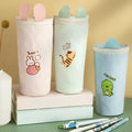 Round canvas pencil case with cartoon pattern for school stationery storage