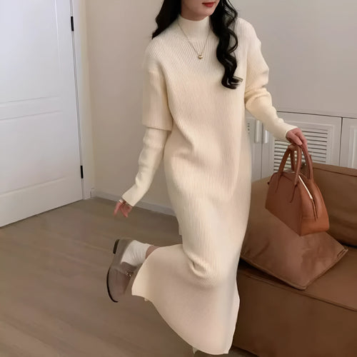 Acrylic half turtleneck knee-length knit dress in khaki colour with long sleeves.