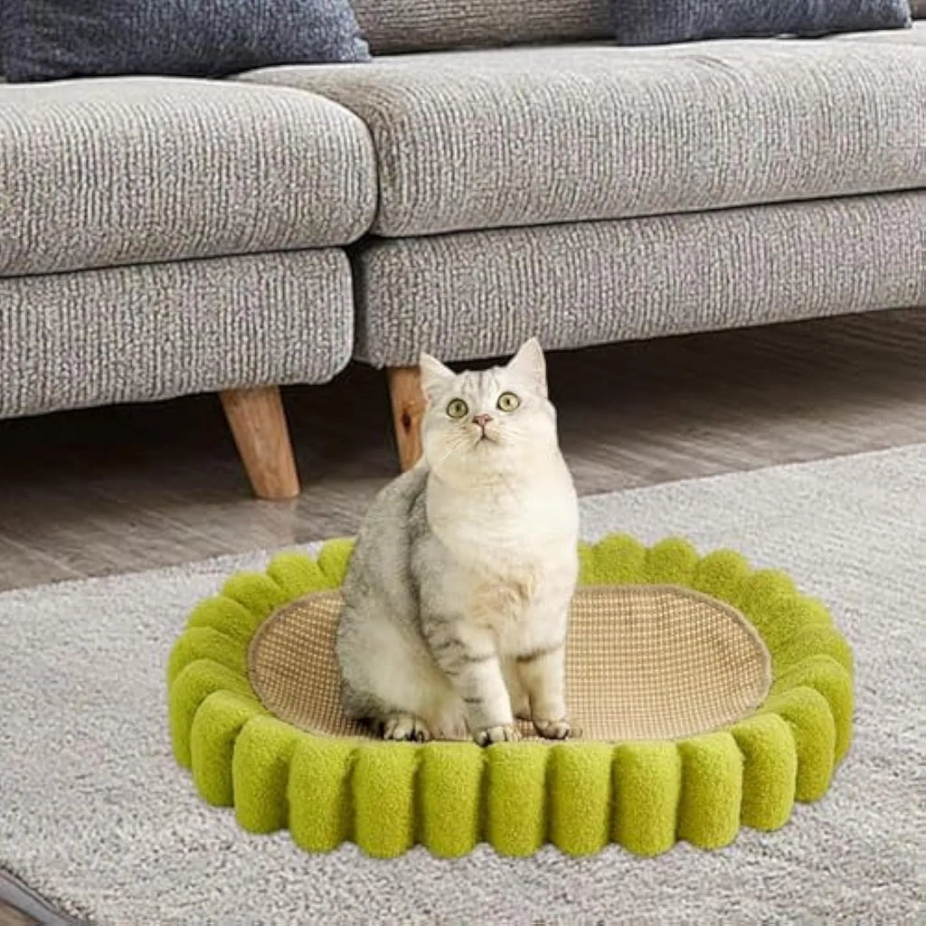 Green oval cat scratching pad and bed made from sisal fibre.