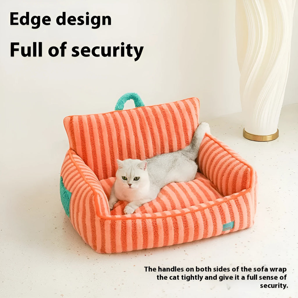 Striped soft velvet pet bed with removable cover in orange, purple, or yellow.