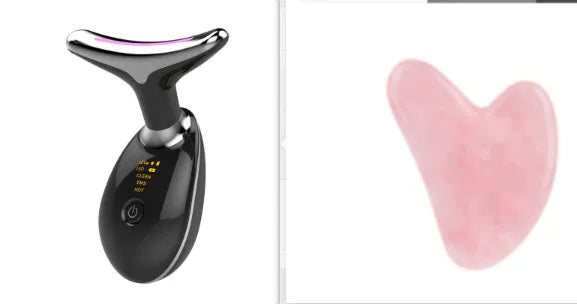 Black and silver EMS thermal neck lifting massager with LED lights for skin tightening and wrinkle reduction.