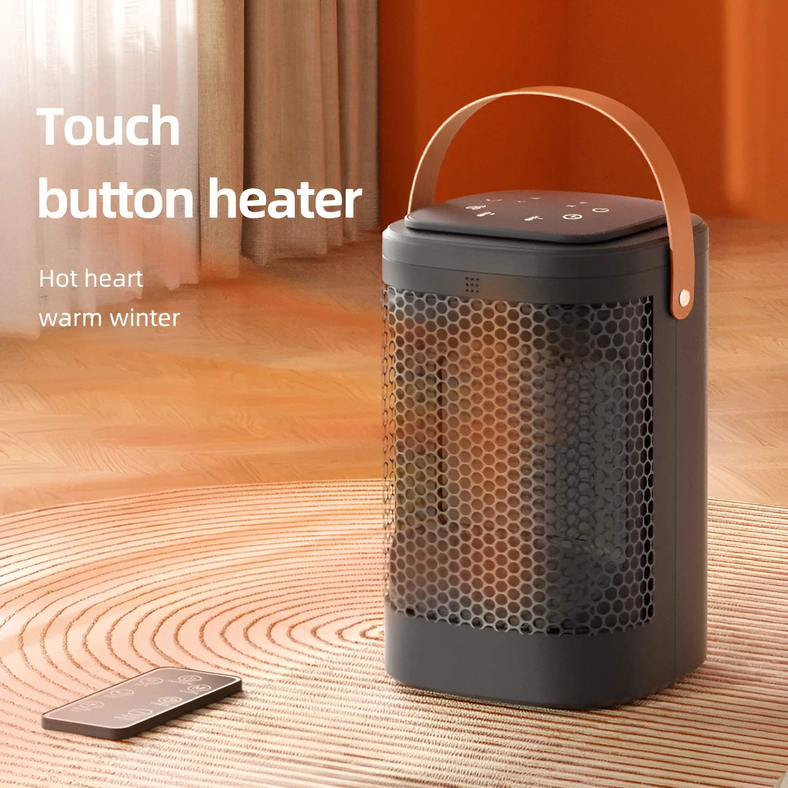 Silver portable heater with digital touch screen display and remote control on a table.
