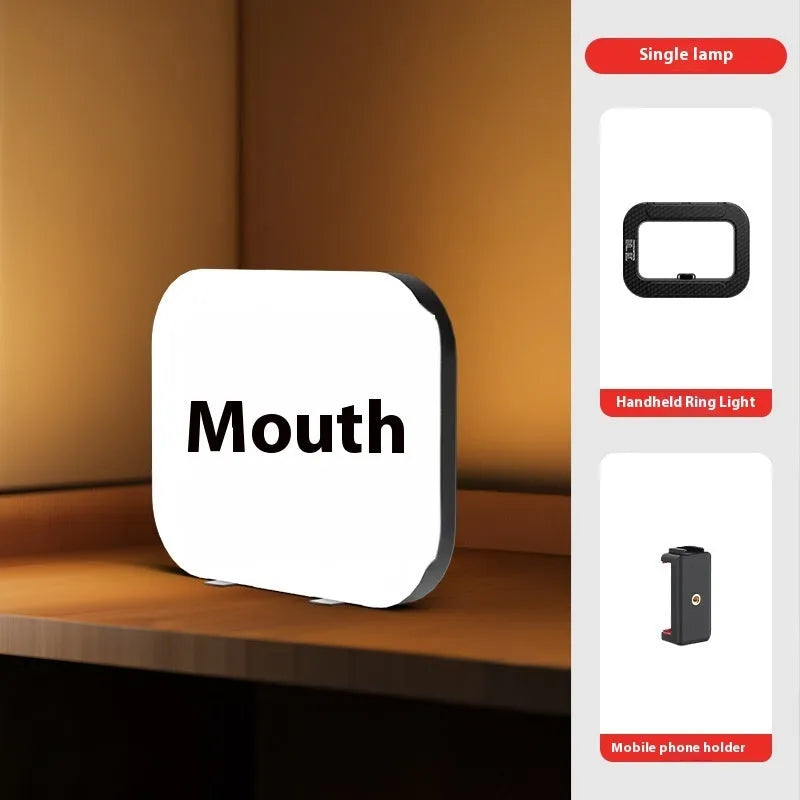 Rechargeable mobile phone fill-in light kit with adjustable colour temperature and desktop mounting bracket