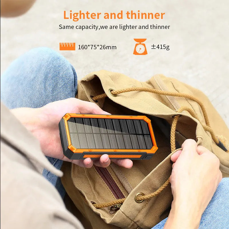 Outdoor solar power bank 30000mAh in orange, black, or blue with built-in light, 160 x 75 x 26mm