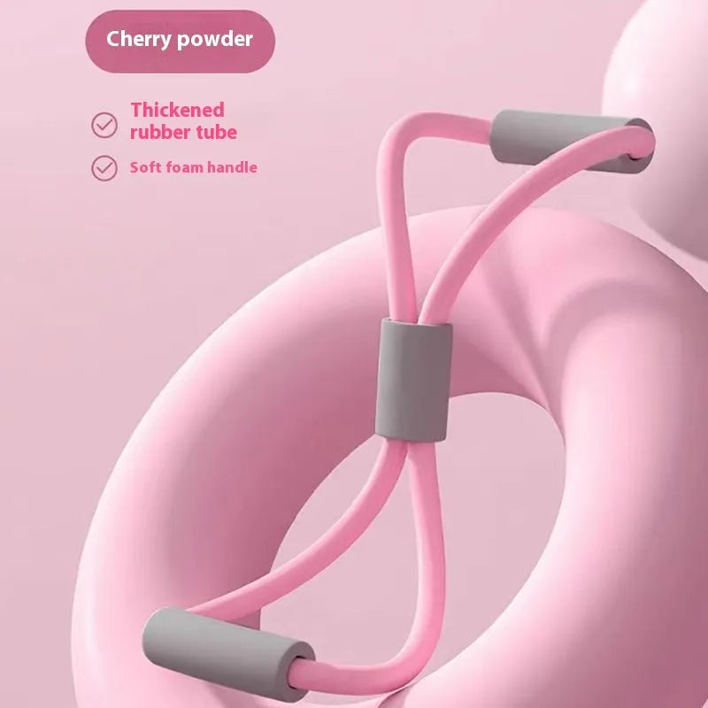 Yoga four-piece fitness set with leg stretcher, foot pedal device, yoga ring, and figure-eight tension rope on a white background.