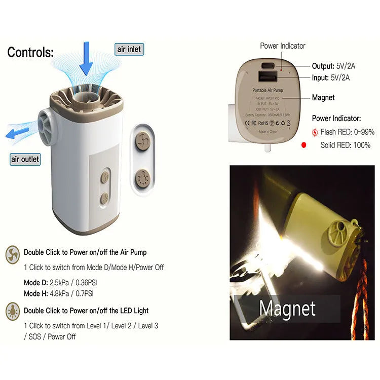 Portable mini motor pump in khaki white with USB cable and three air nozzles on a camping table