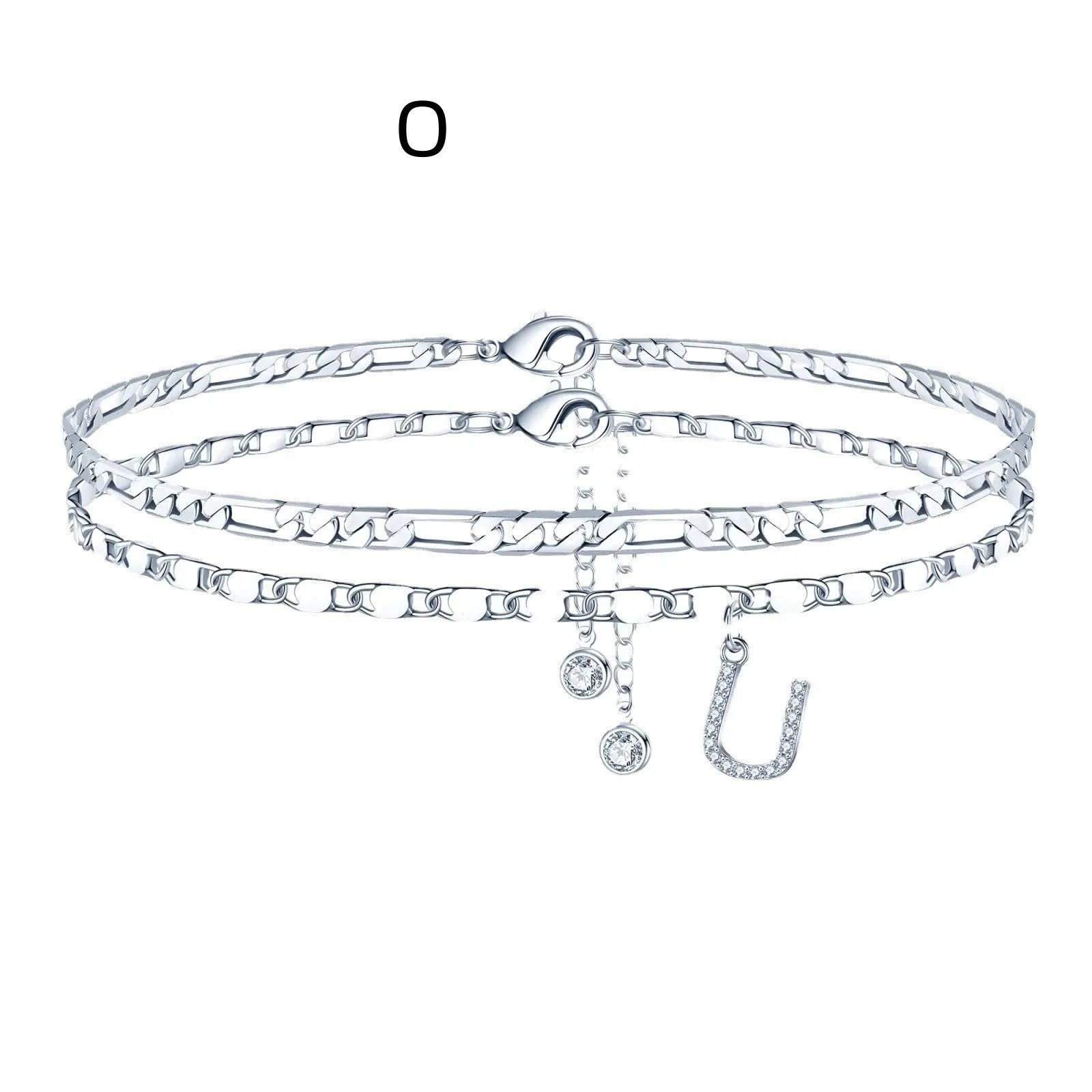 Silver colour copper anklet with double-circle design and text bead elements on ankle