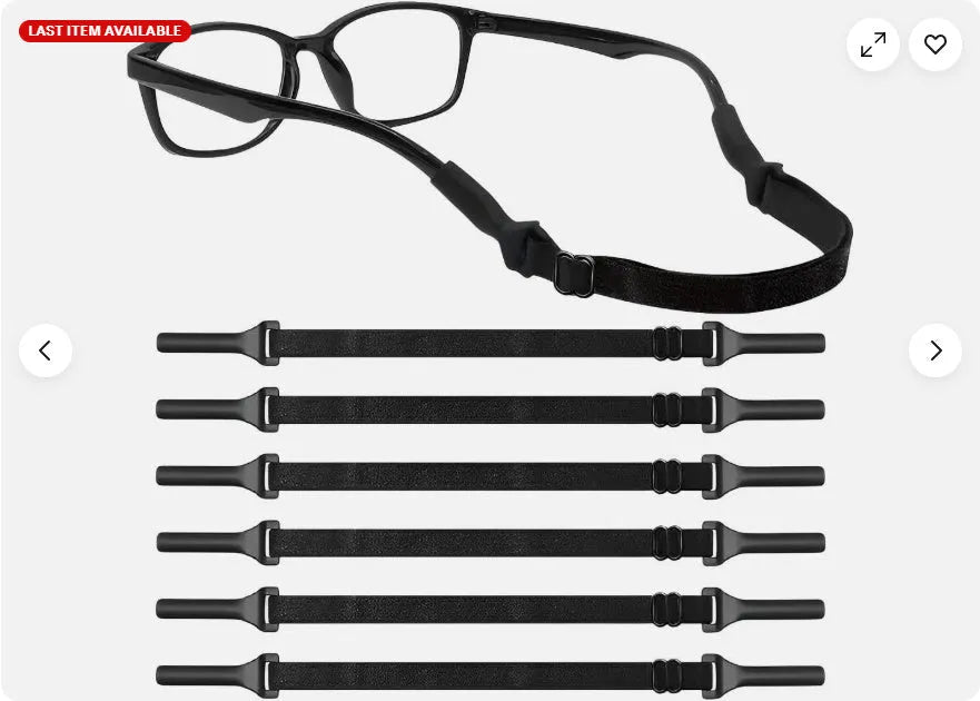 Black adjustable glasses cord strap with silicone ends shown on a pair of spectacles.