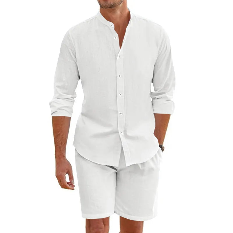 Men's dark grey hemp-blend short sleeve button-down shirt and matching drawstring shorts on a hanger.