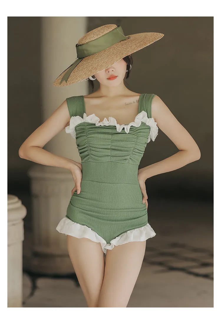 Korean style high-waist one-piece swimsuit in quick-drying polyester