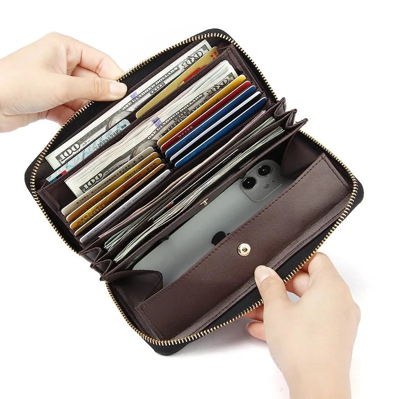Women's long genuine leather wallet in a choice of six colours showing large capacity and anti-theft card slot.
