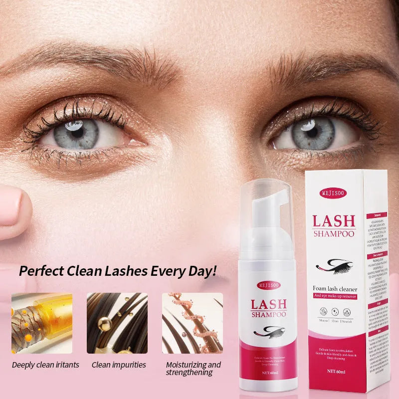 60ml bottle of LASH SHAMPOO Mousse eyelash cleaning solution on a white background.