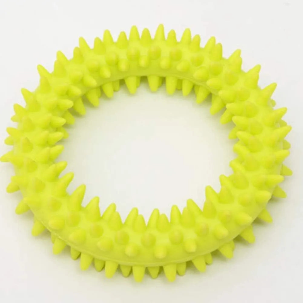 Blue TPR spiky ring dog chew toy for dental care and bite training, 9.5cm diameter.