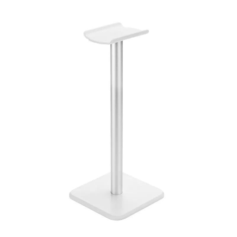 Detachable aluminium alloy headset hanger display shelf with elastic TPU rubber cradle, in white, on a desk
