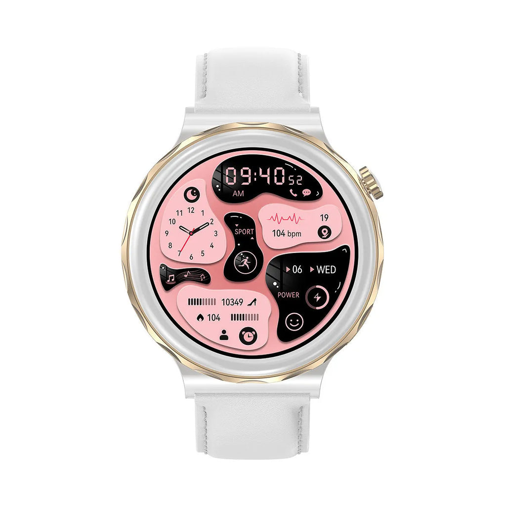 HK43 women's smart watch with gold case and white leather band, side view showing touch screen and crown button