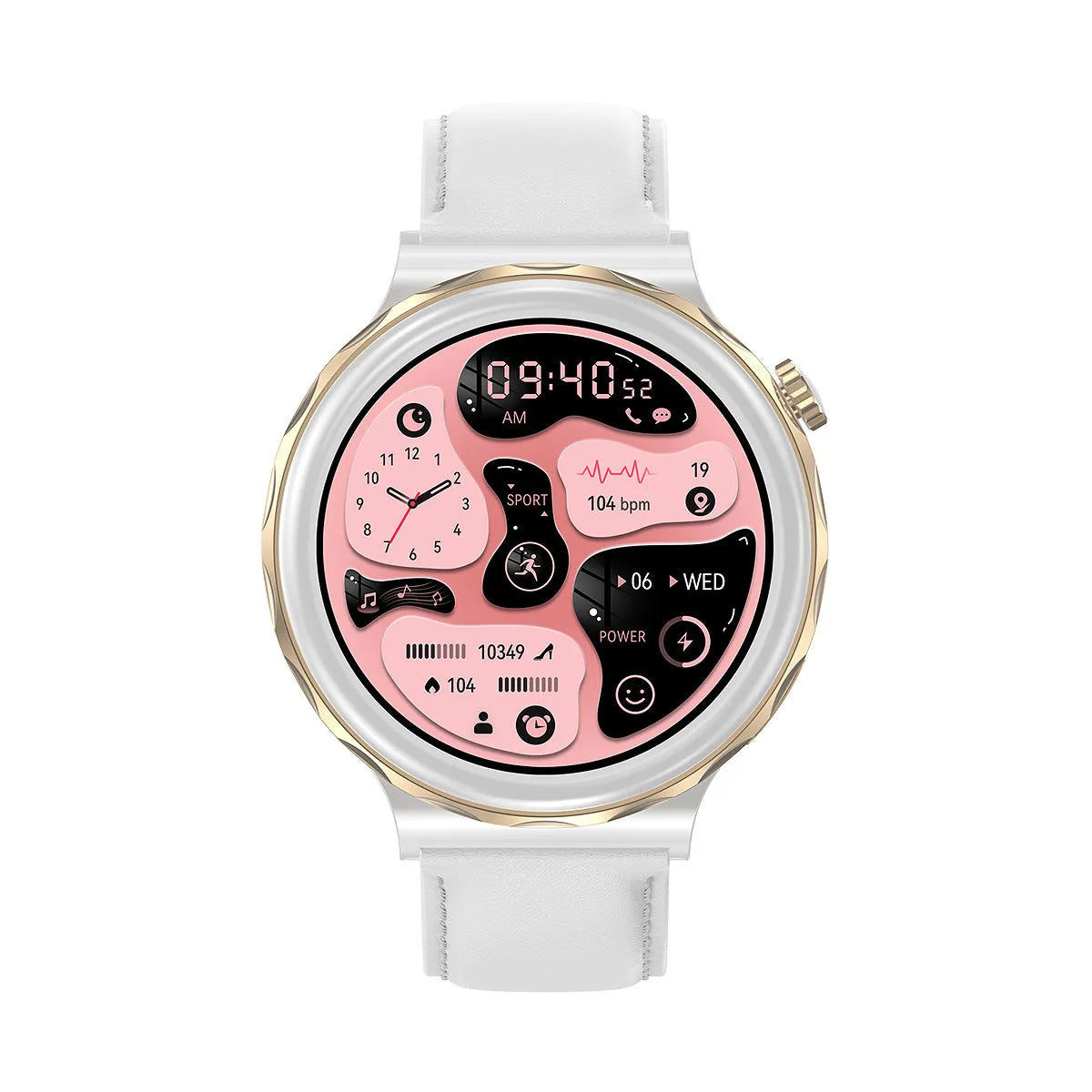 HK43 women's smart watch with gold case and white leather band, side view showing touch screen and crown button