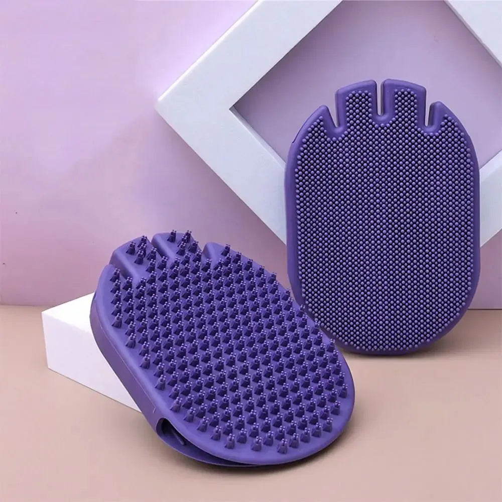 Purple TPR pet shampoo brush with ergonomic handle and soft bristles for dog and cat grooming