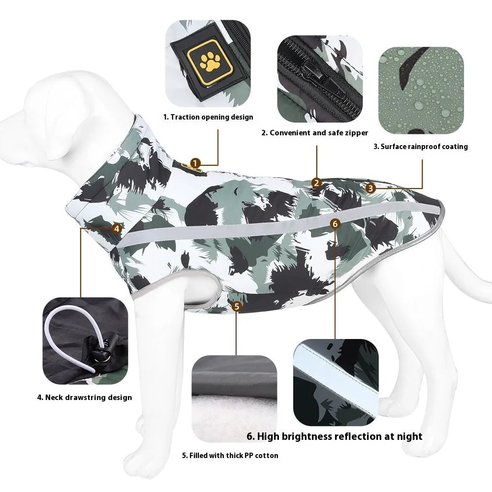A dog wearing a thick blue geometric-patterned reflective winter jacket.