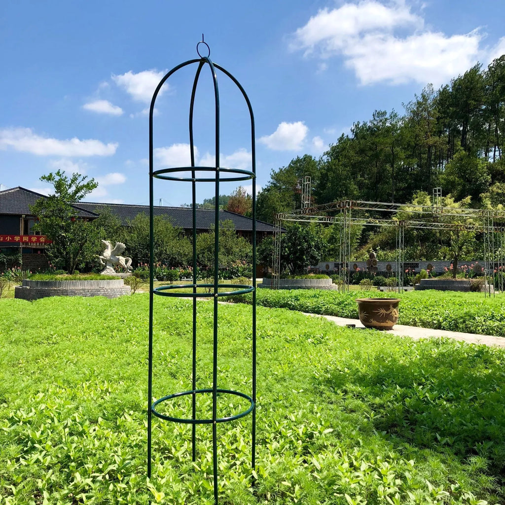 Dark green wrought iron plant climbing stand with lattice design measuring 188cm tall