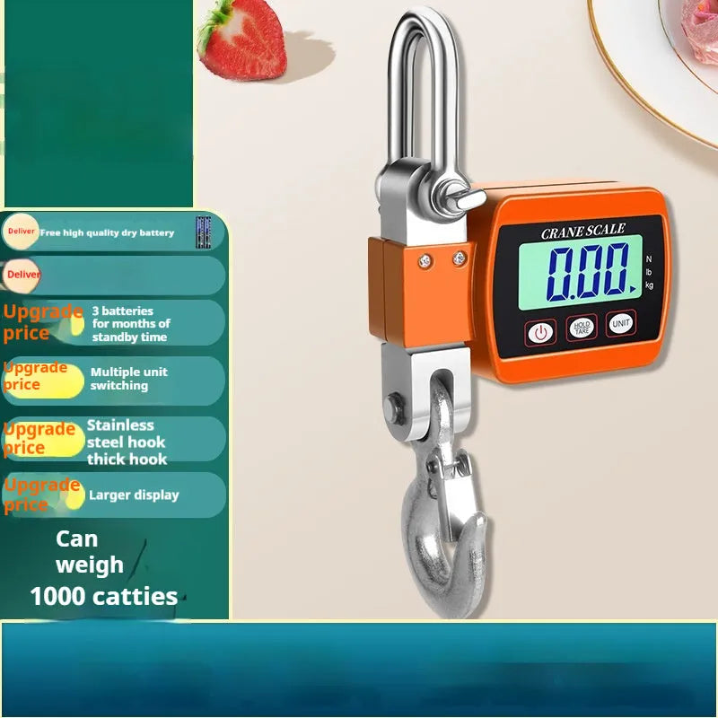 Electronic hook scale digital display with 500kg capacity in blue, orange and white colour options