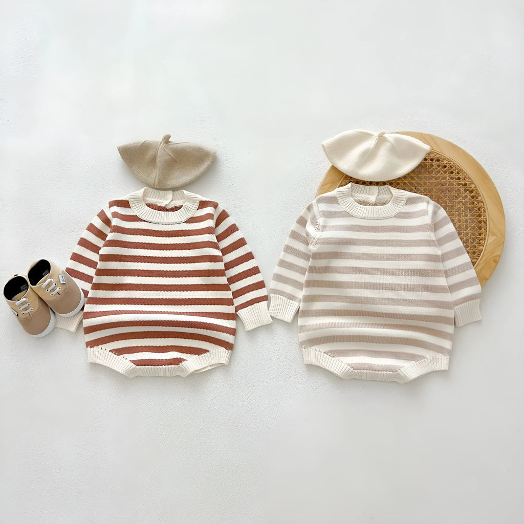 Cotton baby romper long sleeve triangle jumpsuit in grey or coffee stripes, sizes 66cm to 100cm