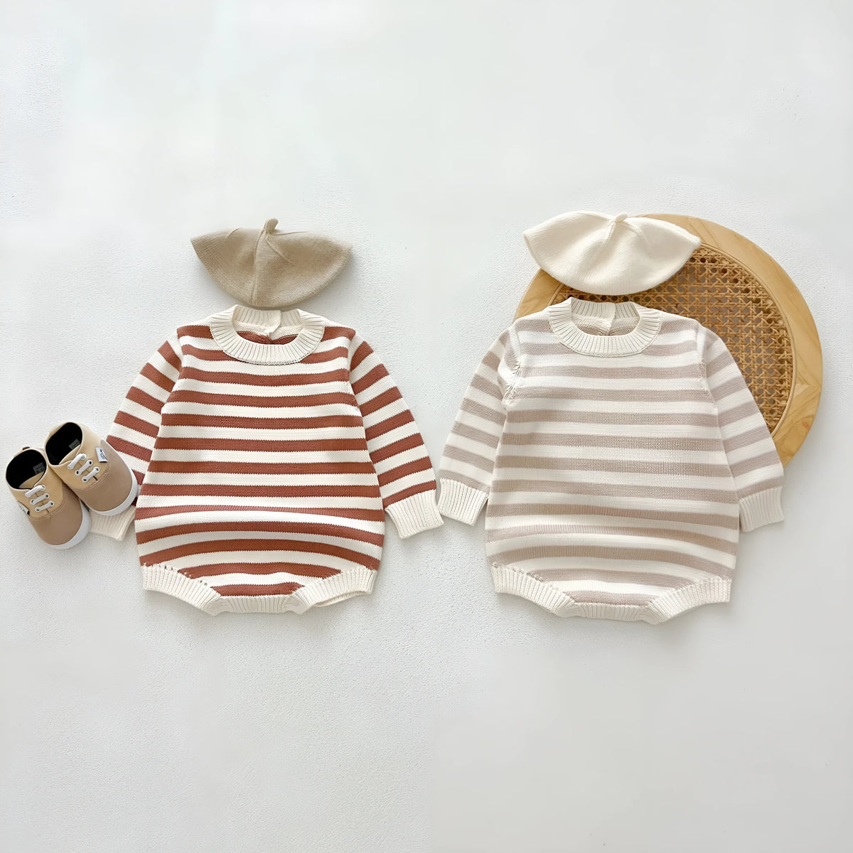 Cotton baby romper long sleeve triangle jumpsuit in grey or coffee stripes, sizes 66cm to 100cm