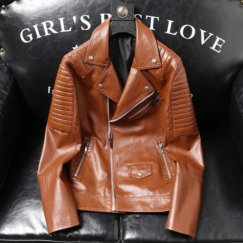 Slim-fit PU leather biker jacket for men in black, featuring zipper pocket and stand collar