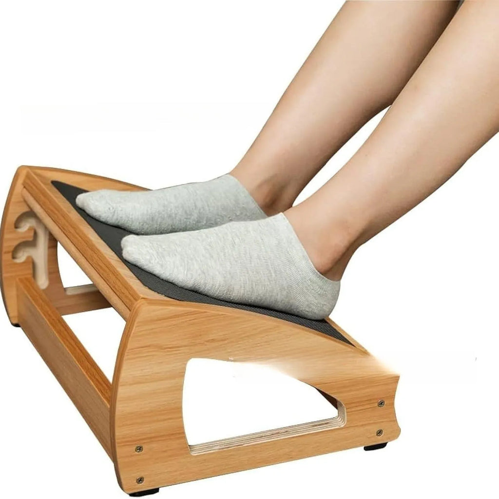 Wooden bamboo office desk footstool in natural wood colour with modern simple design.