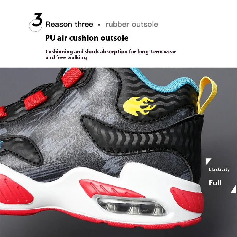 Children's rotating button fastening basketball shoes in black, pink, white & purple, and white blue.