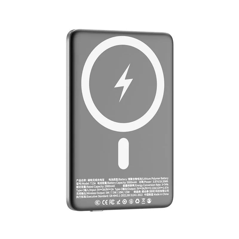 Gun grey magnetic wireless power bank with alloy shell showing ultra-thin 9mm profile