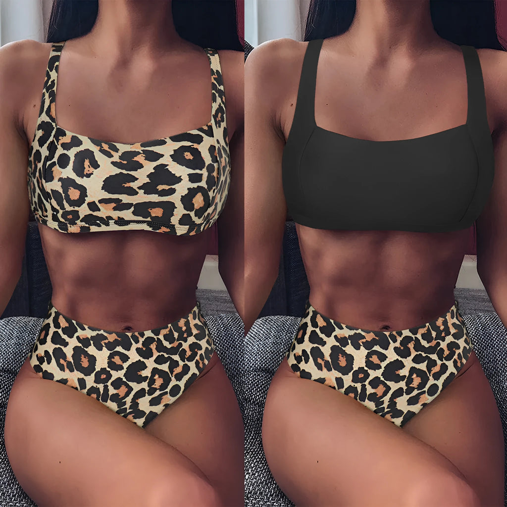 Women's leopard print high waist bikini with push-up bra top and matching shorts.