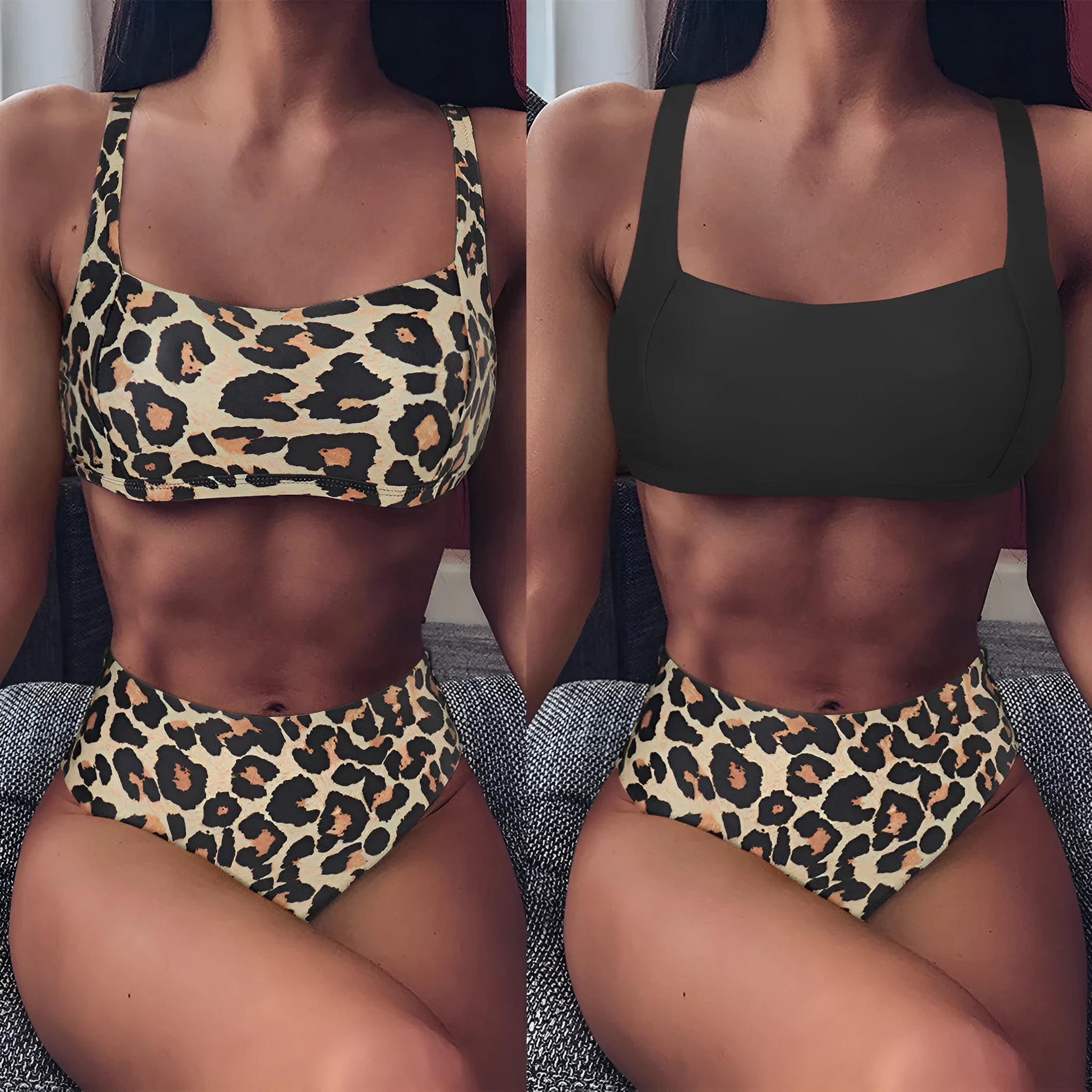 Women's leopard print high waist bikini with push-up bra top and matching shorts.