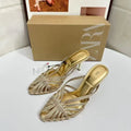 Gold hollow thin strip women's heels with pointed toe, inner height increase, EPR sole and second layer pigskin lining