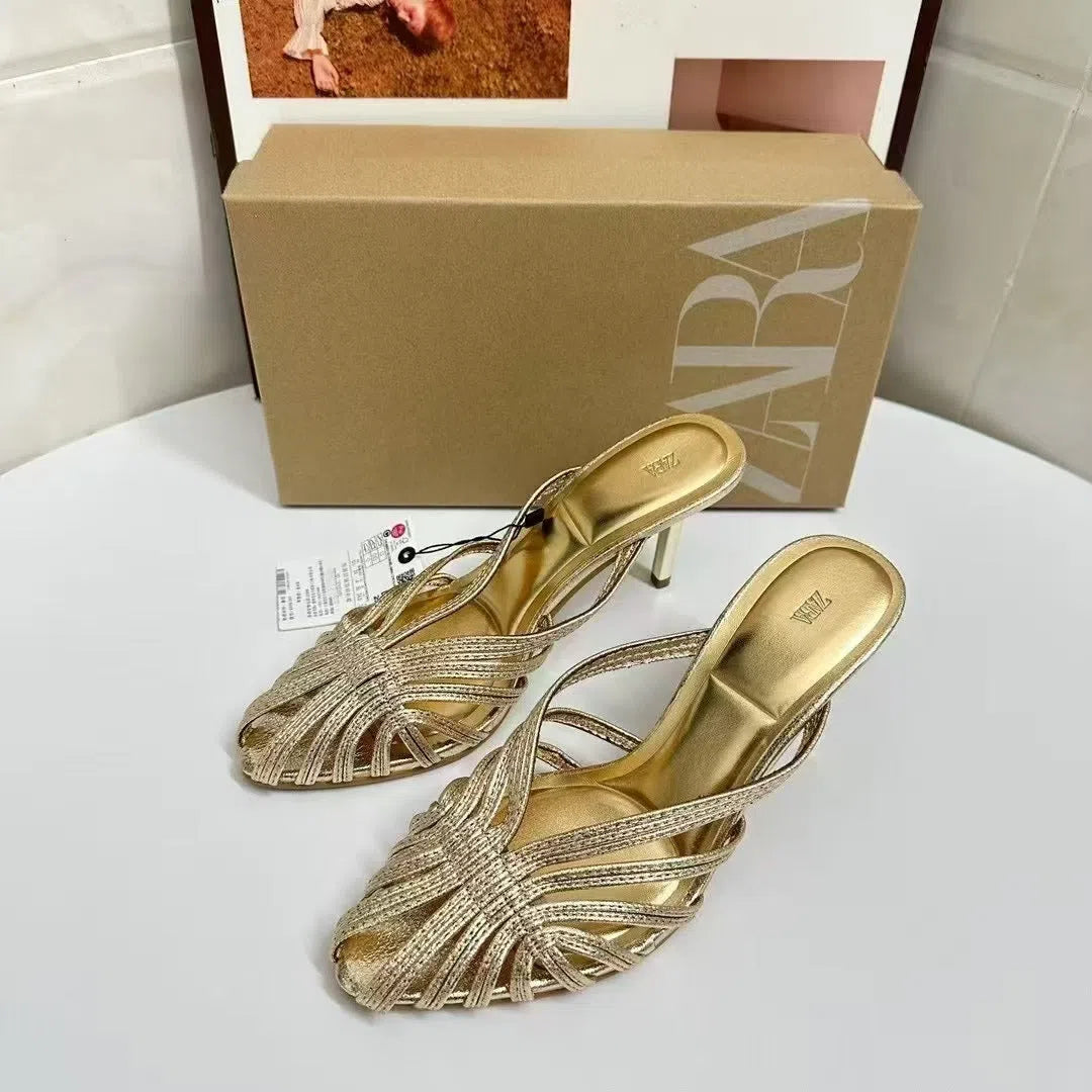 Gold hollow thin strip women's heels with pointed toe, inner height increase, EPR sole and second layer pigskin lining