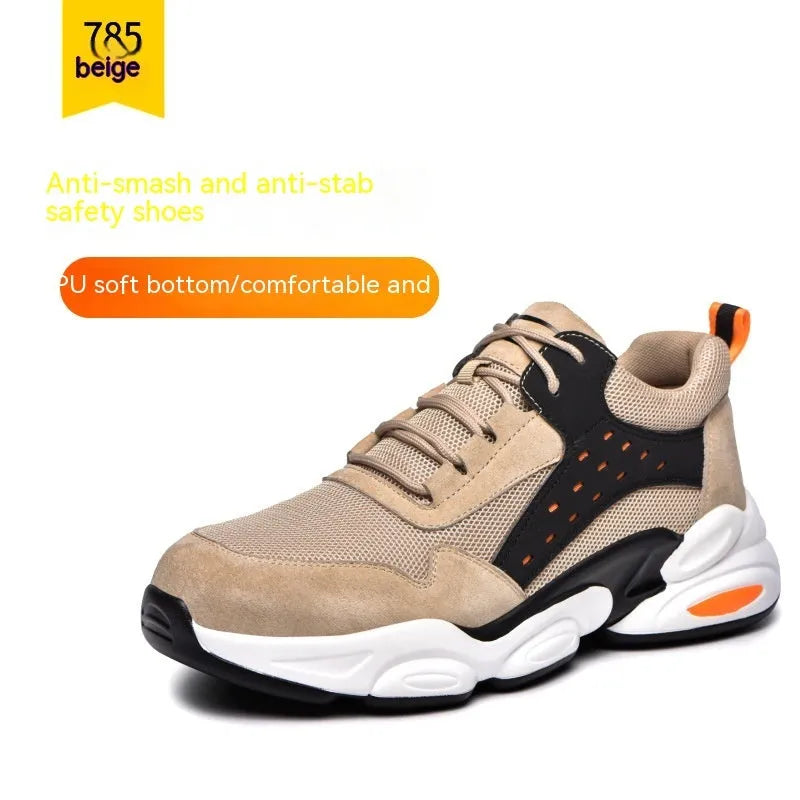 Men's black mesh labour insurance work shoe with a PU sole, shown on a white background.